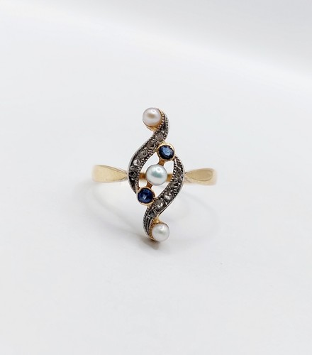 Anillo marquesa antiguo oro 18k perlas, diamante talla rosa y zafiro (alreded... - Imagen 2 de 9