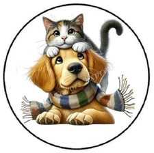 ADORABLE CAT SITTING ON DOGS HEAD ENVELOPE SEALS LABELS STICKERS PARTY FAVORS