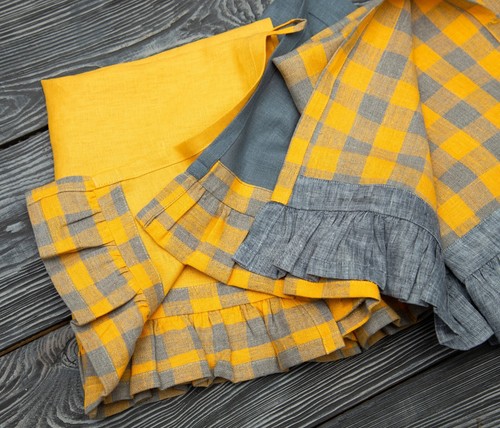 Linen Kitchen Towels Set 3 Ruffled Yellow gray Checked with loop Country cottage - Picture 11 of 18