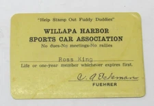 Willapa Harbor Sports Car Club Association Membership Card Raymond WA 1950s RARE