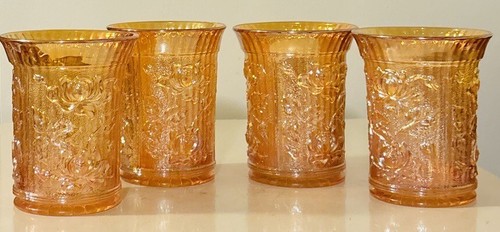 4 IMPERIAL LUSTRE ROSE MARIGOLD CARNIVAL GLASS TUMBLERS 4”H 3.24”D - 第 1/6 張圖片