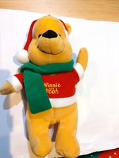 Disney Winnie the Pooh Plush with Santa Hat Christmas Scarf Green Scarf 7 inches