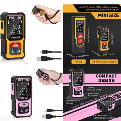 PREXISO Mini Laser Measurement Tool Pink/Yellow 135Ft Rechargeable w/Battery