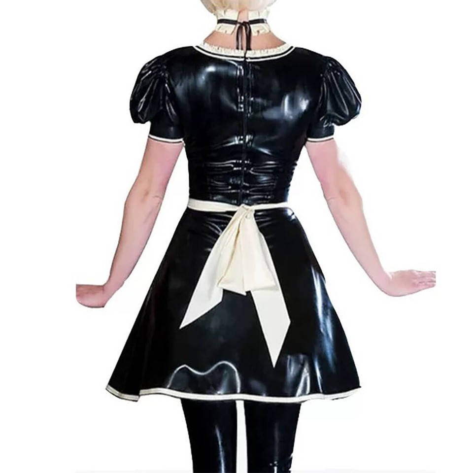 Latex Rubber Fetish Maid Servant Uniform Dress with Apron and Collar ...