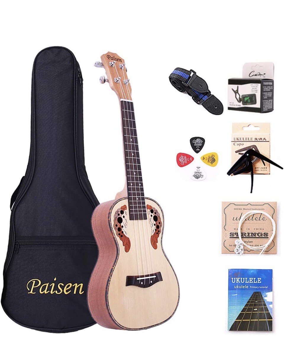 Paisen Concert Ukulele 23" Hawaii Spruce Ukuleles with Tuner, Case
