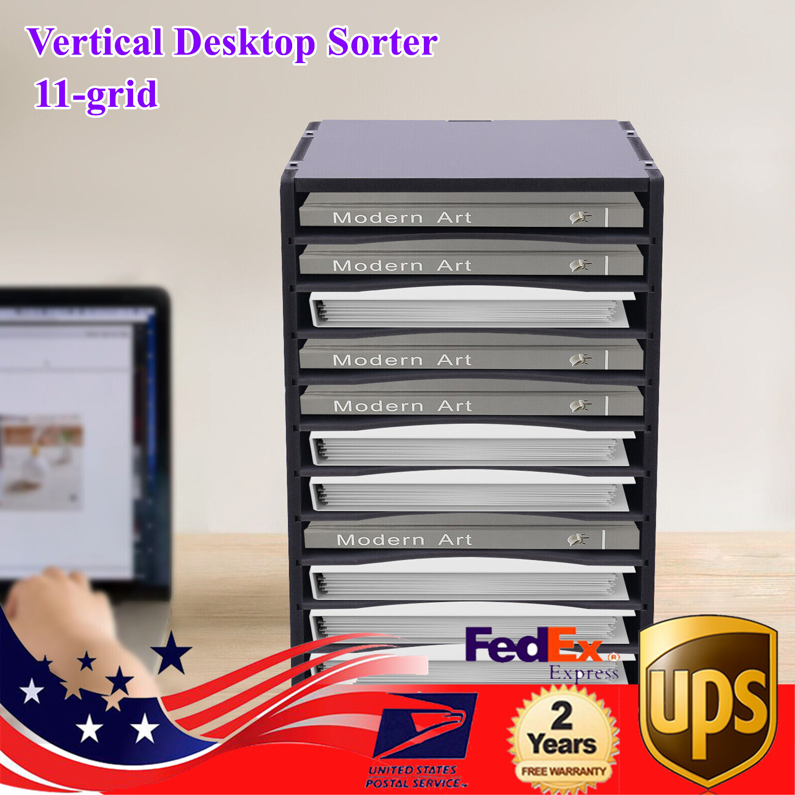 Wooden Vertical Desktop Sorter with 11 Compartments for Office Organization-image
