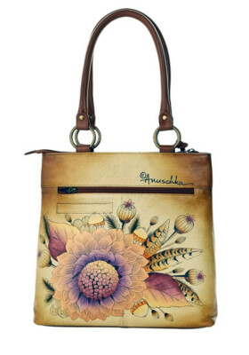 ANUSCHKA Hand Painted Leather Tri-Compartment Tall Shopper Bag Rustic  Bouquet