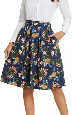 Women's A-line Printed Pleated Flared Midi Skirt with Pockets, Vintage Skirts