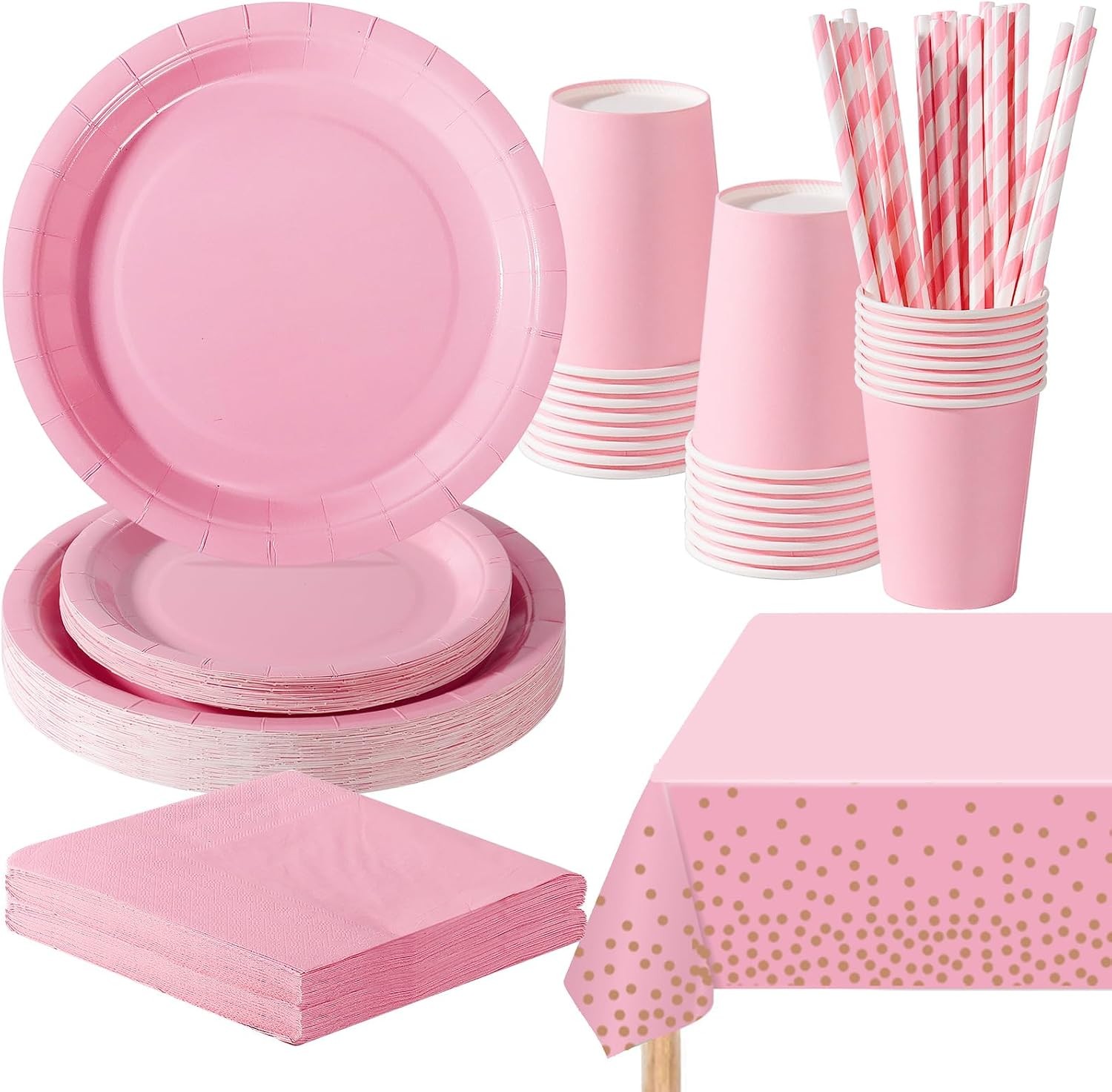 121 Pcs Light Pink Party Tableware Set Paper Plates Cups Napkins Tablecloth 24