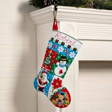 Bucilla Holiday Patchwork Felt Christmas Stocking Kit 18" Santa Tree Poinsettia