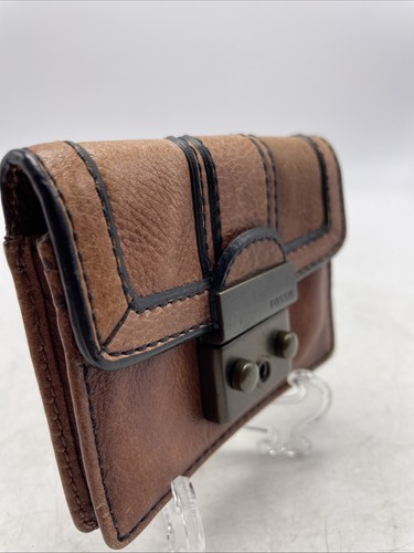 Fossil Women's Wallet Leather Slide Lock Card Mini Gusseted Dark Brown 4.25"