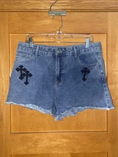 Romwe Grunge Punk Casual Cross Embroidery Raw Edge Denim Shorts xl women’s