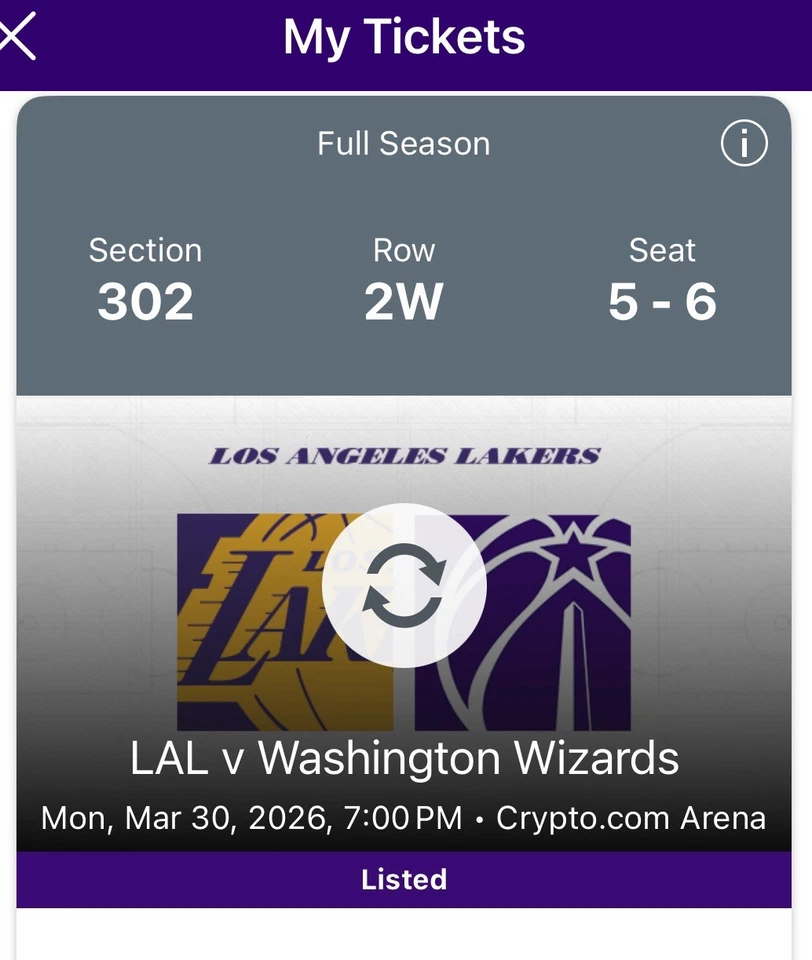 2 Grandes Entradas para The LA Lakers vs Washington Wizards el 30/03/26 Sección 302 Foto 2 de 4
