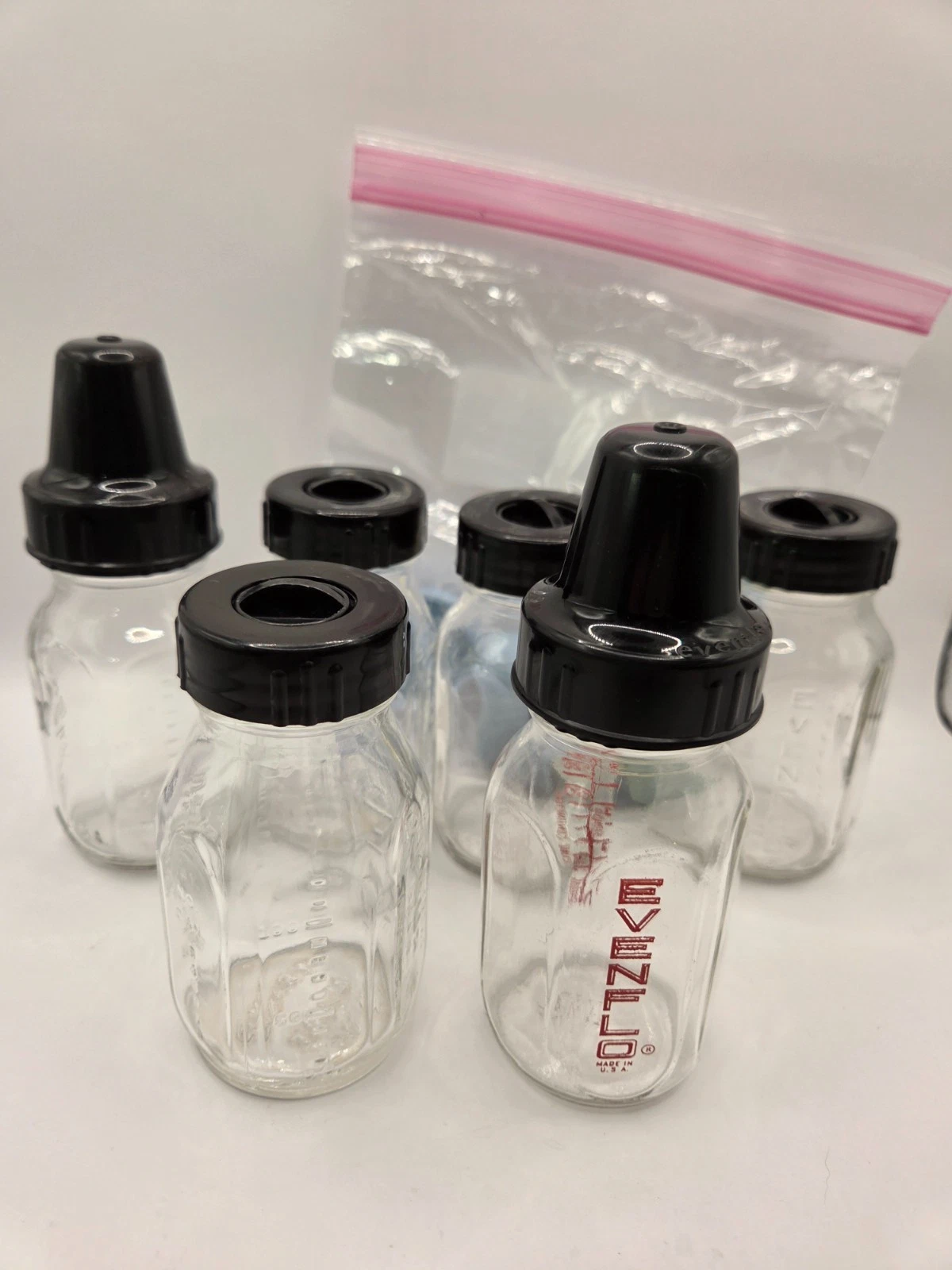 Vintage Pyrex & Evenflo 4oz Glass Baby Bottles with rings and stoppers
Opens in a new window or tab
