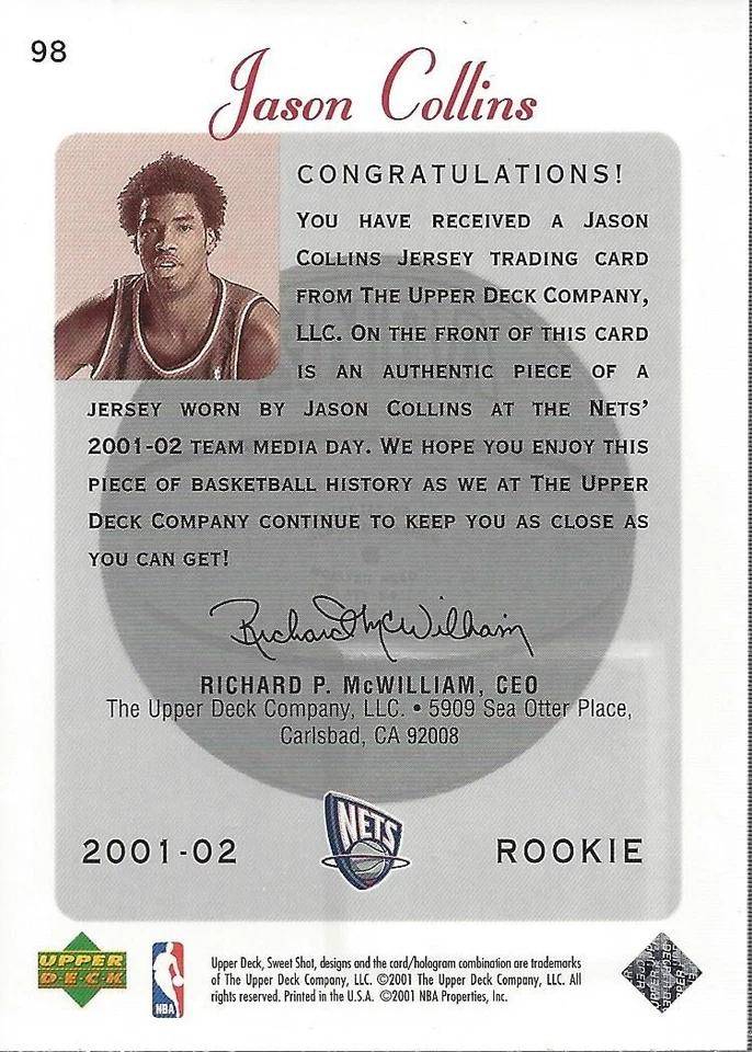 2001-02 Sweet Shot Rookie Memorabilia #98 Jason Collins Jersey /1200 BSK - Image 2 of 2