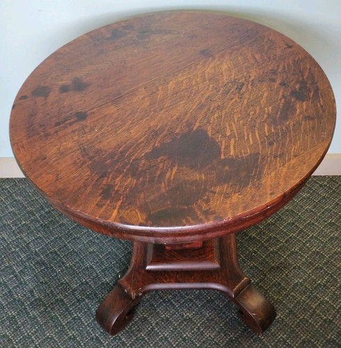Antique Solid Tiger Oak Round Pedestal Side Table Heavy 24" Dia&Tall Scroll Foot - Picture 2 of 19