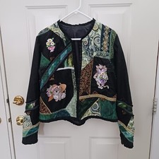 Womens Cats Flowers Quilted Open Front Jacket Art to Wear Patchwork