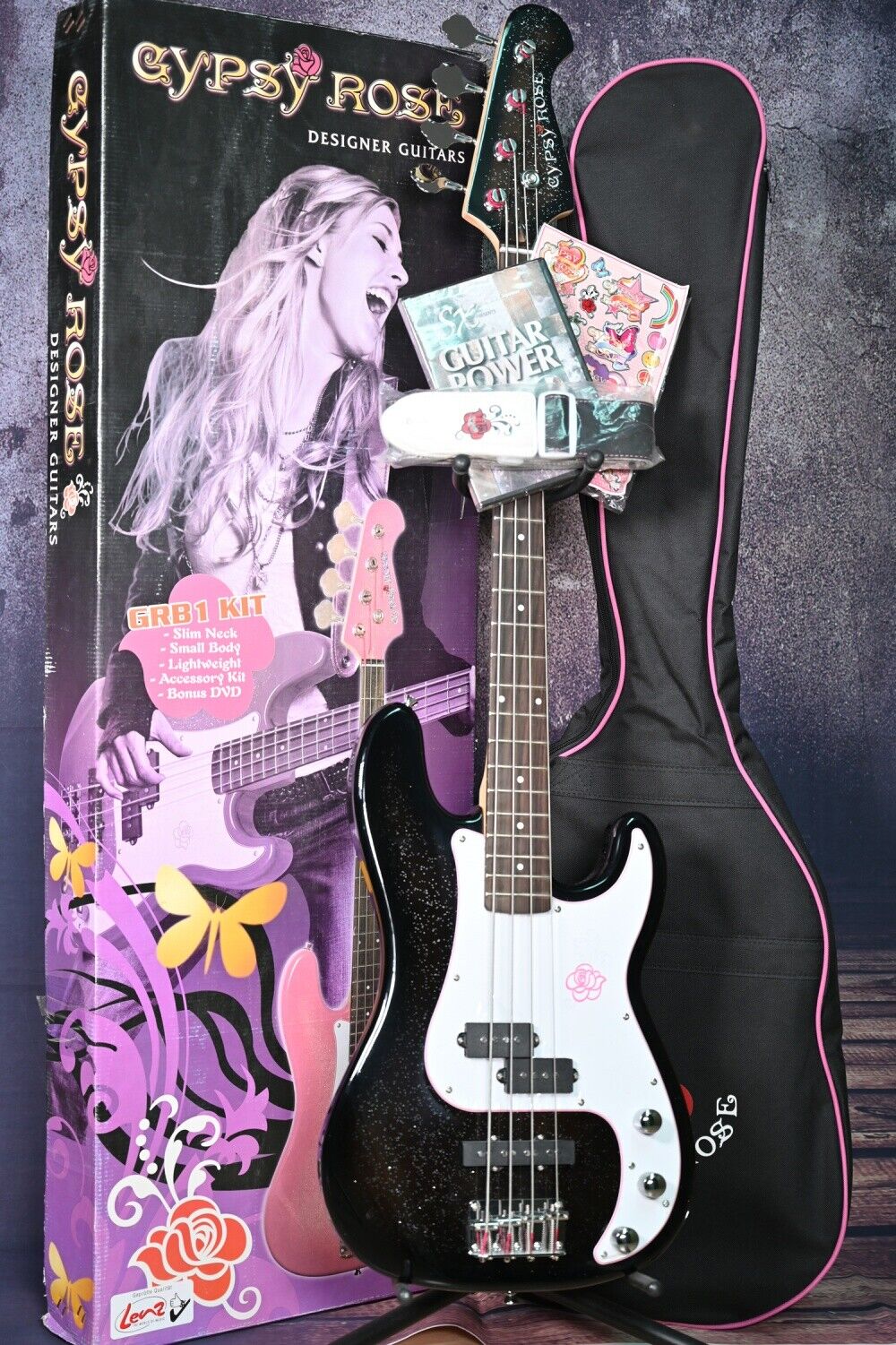 Gypsy Rose 7/8 Electric Bass Set - Bass Guitar with Belt, Bag, DVD And Stickers