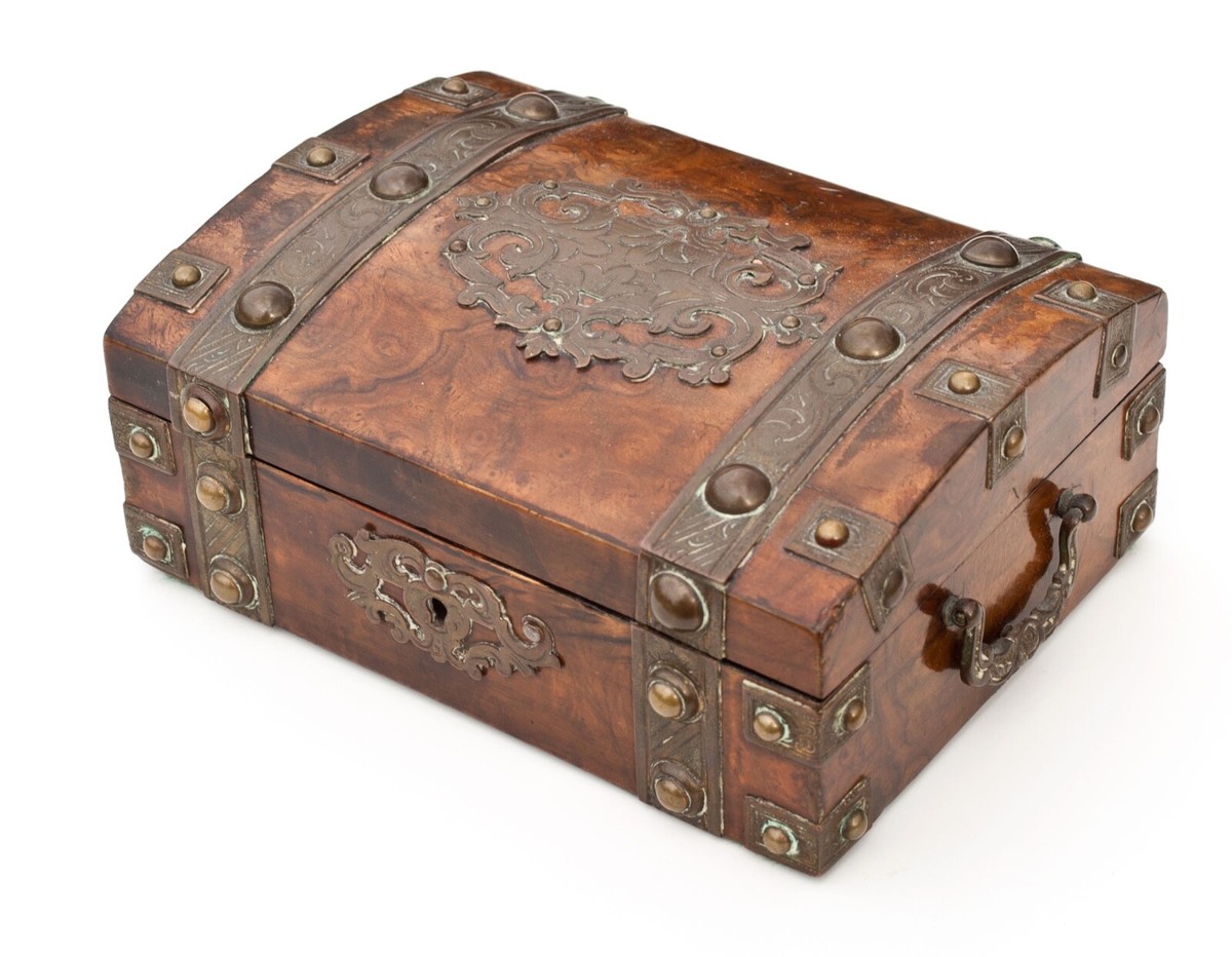 Antique Wood box with metal edging, handles & keyhole 1700s