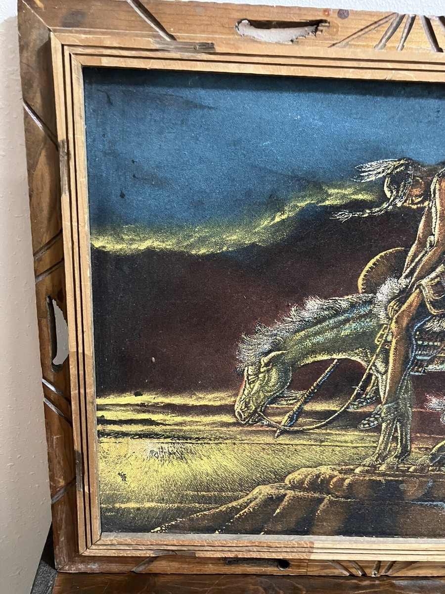 Vtg 70's Velvet Painting Native American Warrior Horse 19” X 22