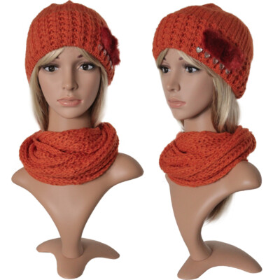 Mütze Herz Wintermütze Set Strickmütze mit Strass u. Loop Schal Loopschal Fell