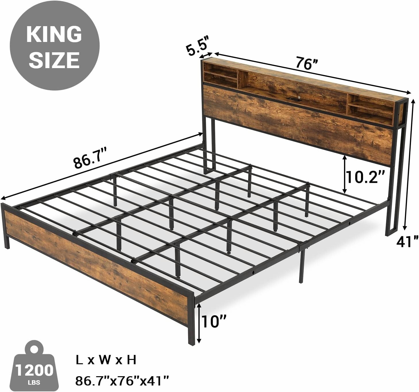 King Size Bed Frame with LED Lights Headboard, Modern Metal Platform