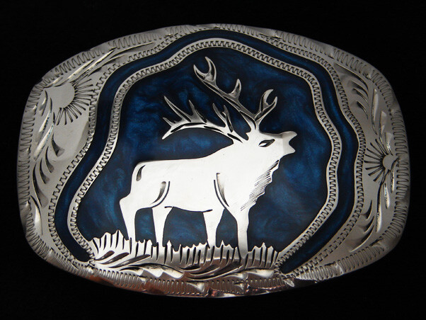 QE03172 VINTAGE 1970s **BUGLING ELK** ENGRAVED SOUTHWESTERN DESIGN BUCKLE