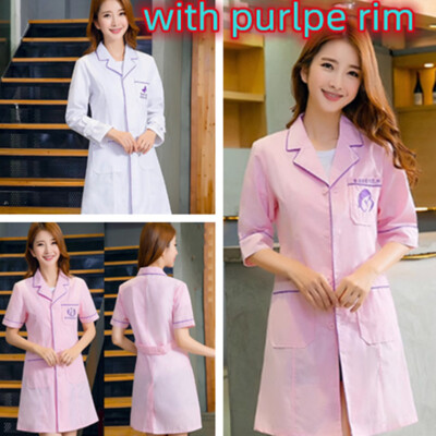 Women Nurse Dress Female Doctor Beautician Lab Long Coat Work Clothes (+ Rim)