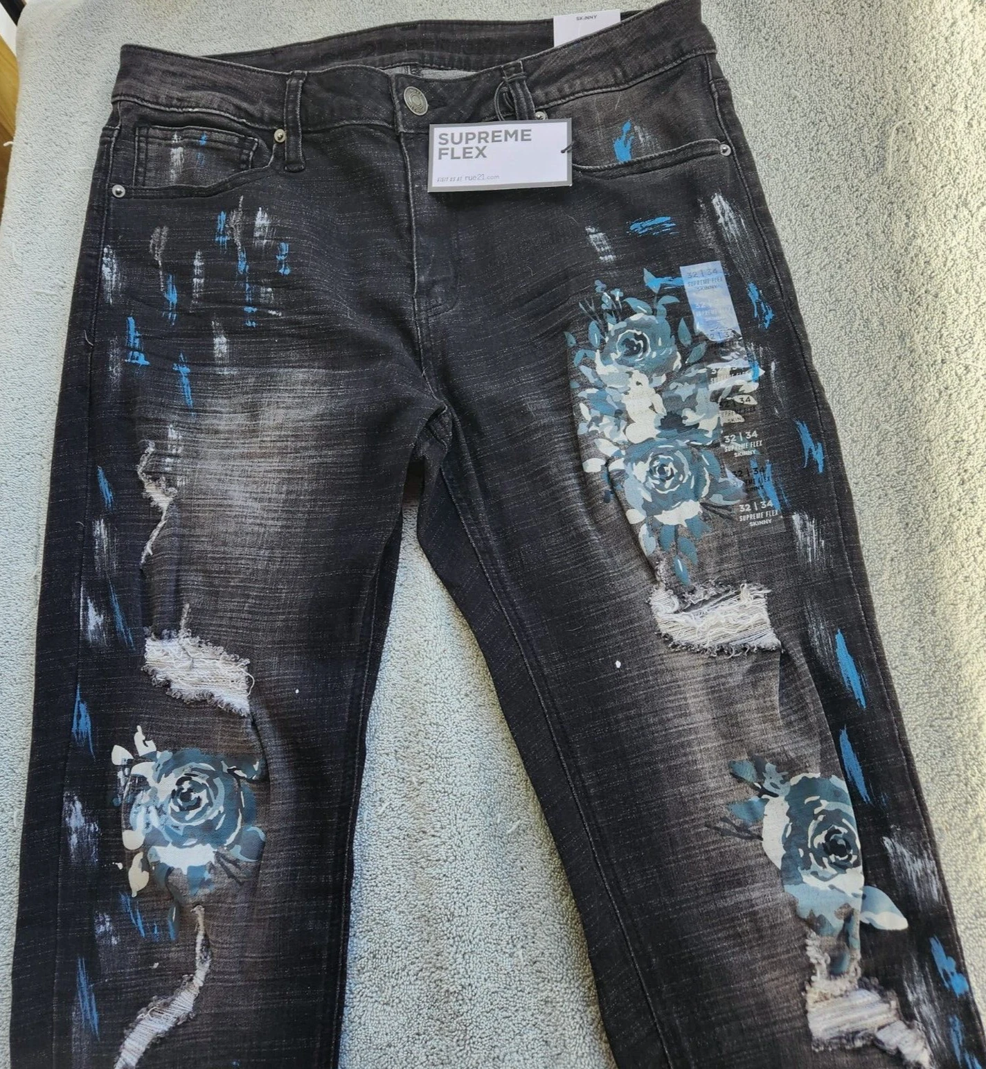 Jean Rue21 Premium Homme 32x34 Skinny Supreme Flex Noir avec Roses Bleues Neuf avec étiquette
