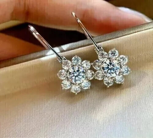 2.00 Ct Round Cut Moissanite Women Drop/Dangle Earring 14K White Gold Plated