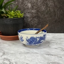 6 1/4"wide Blue  Dragon Beige Ramen Noodle Soup Bowl Gift Set Bowl with spoon