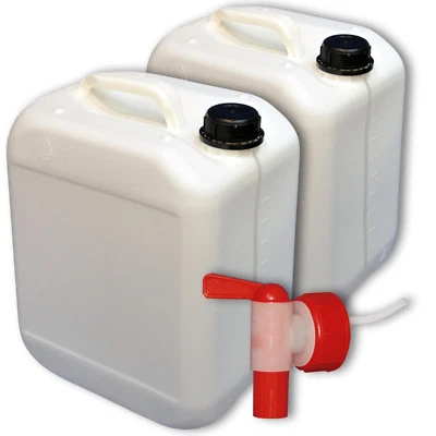 MARKENPRODUKT 2er Set Kunststoffkanister 10 L weiß mit Sichtfenster Skala 1x AFT-Hahn Zapfhahn