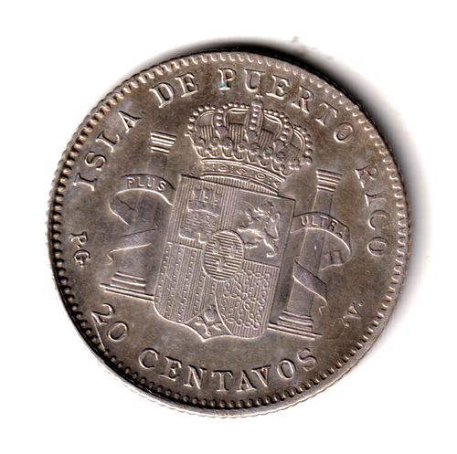 ISLA DE PUERTO RICO 20 centavos plata 1895 Rey Alfonso XIII S/C - Imagen 2 de 2
