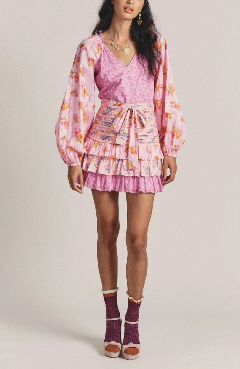 LOVESHACKFANCY Rina Floral Print Ruffled Mini Dress Exploded Pink