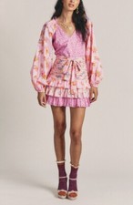LOVESHACKFANCY Rina Floral Print Ruffled Mini Dress, Exploded Pink Size 12