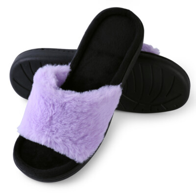 Aerusi Women Fashion Comfort Warm Faux Fur Open Toe Slippers House Shoes 6-9