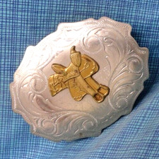 Western Saddle Belt Buckle Cowboy Cowgirl Scroll Vtg 80s Nickel Silver  .TAZ647