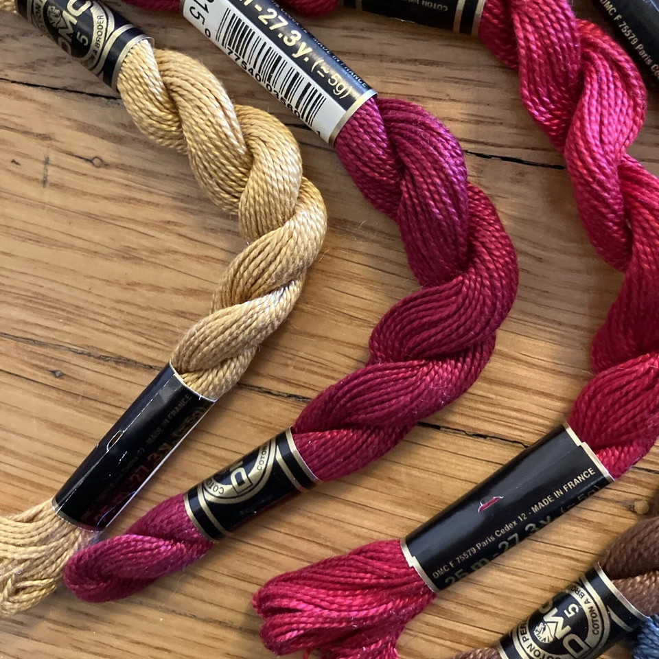 DMC Perle Cotton Size 5 Thread Lot 5 Skeins Red Blue Brown Gold 815 930 801 729 - Image 3 of 4