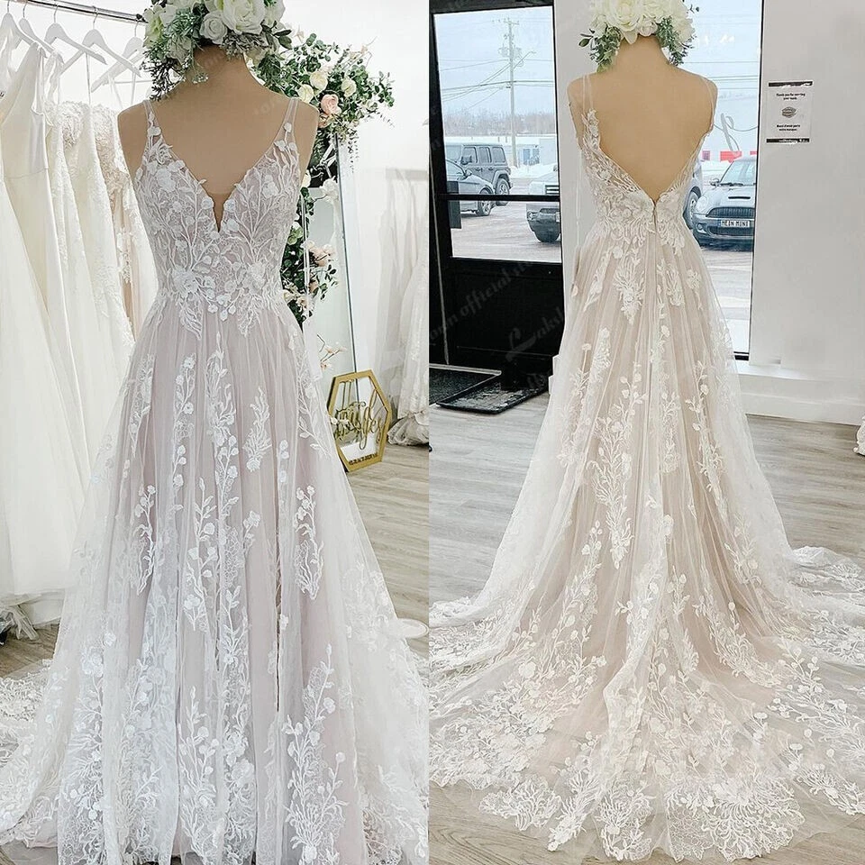OFF WHITE Eleganti abiti da sposa da spiaggia linea A applique in pizzo collo a V abiti da sposa senza schienale