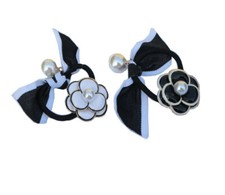 Elastic Hair Ties Hair Bands Bow Chiffon Ponytail w/ flower and pearl pack of 2
