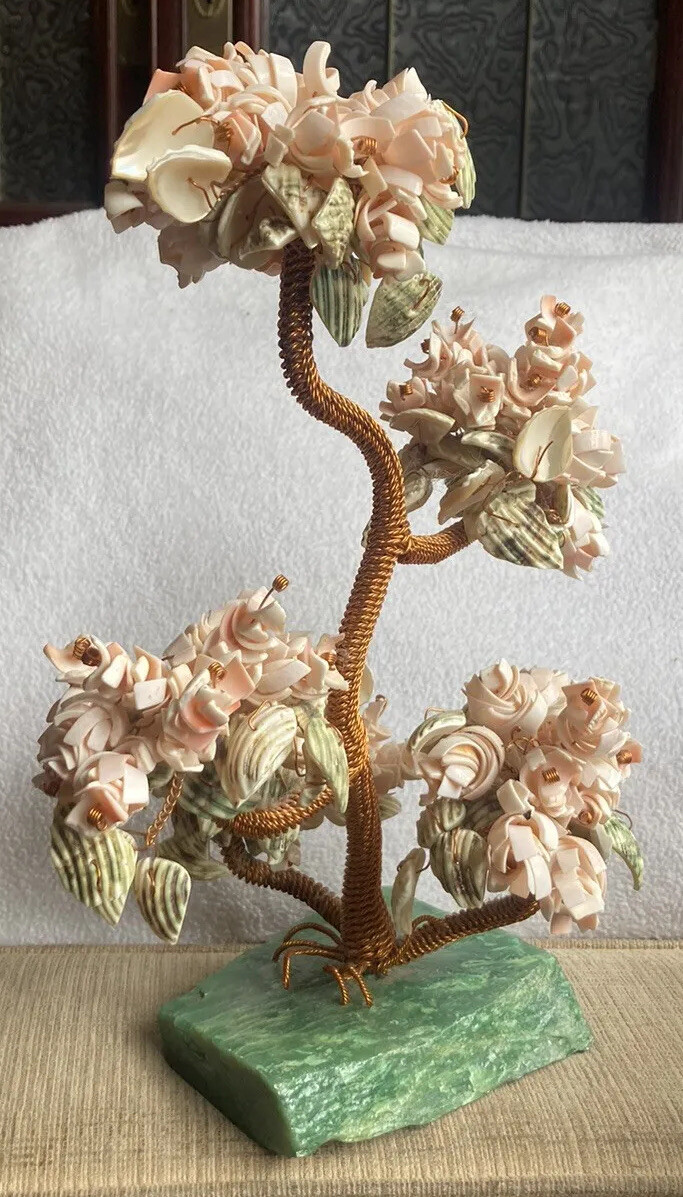 Vintage Sea Shell Flower Tree Copper Wire Rock Base Handmade Art