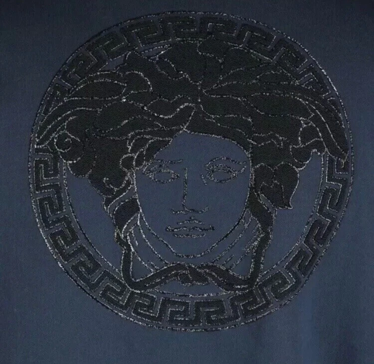 £1.275 VERSACE Giacca con Felpa con Cappuccio Logo Medusa Velluto In Goffiato Blu Made In Italy