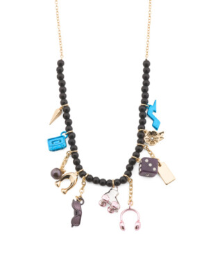 COACH Retro Multi Charm Gold Tone Necklace Tea Rose Crystal Dice Lightning Music