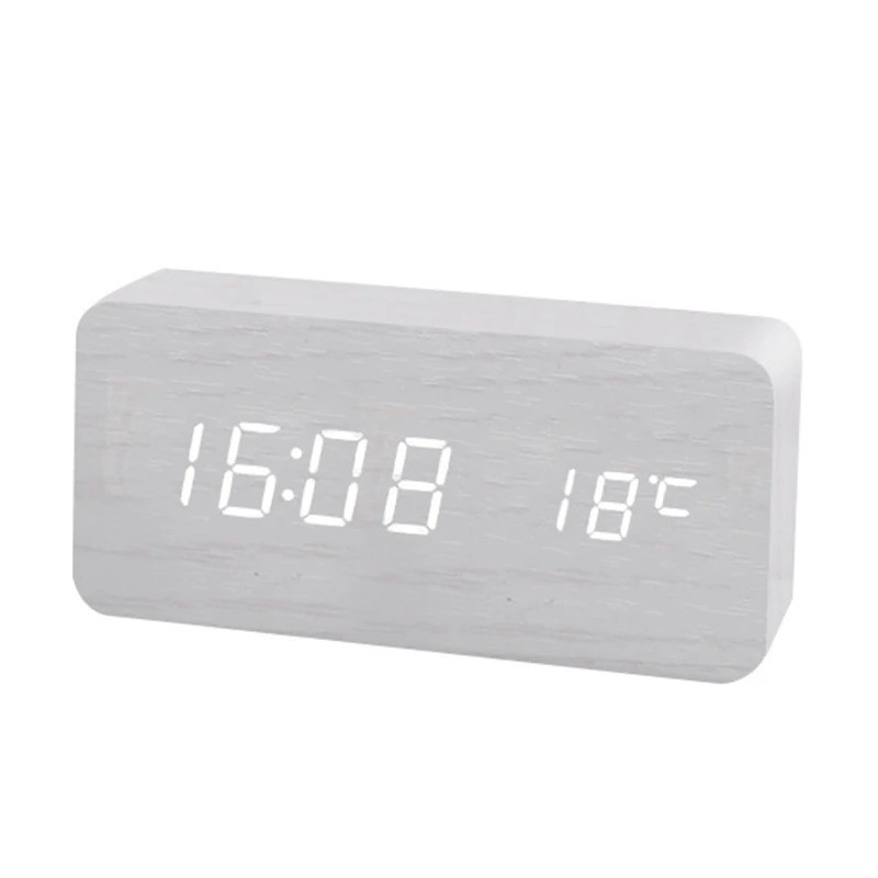 Wooden LED Digital Alarm Clock USB Temperature Display Desk Bedside Clock
