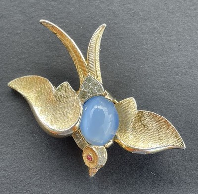 Vintage Signed Trifari Blue Moonstone Flying Sparrow Brooch-Rare Design