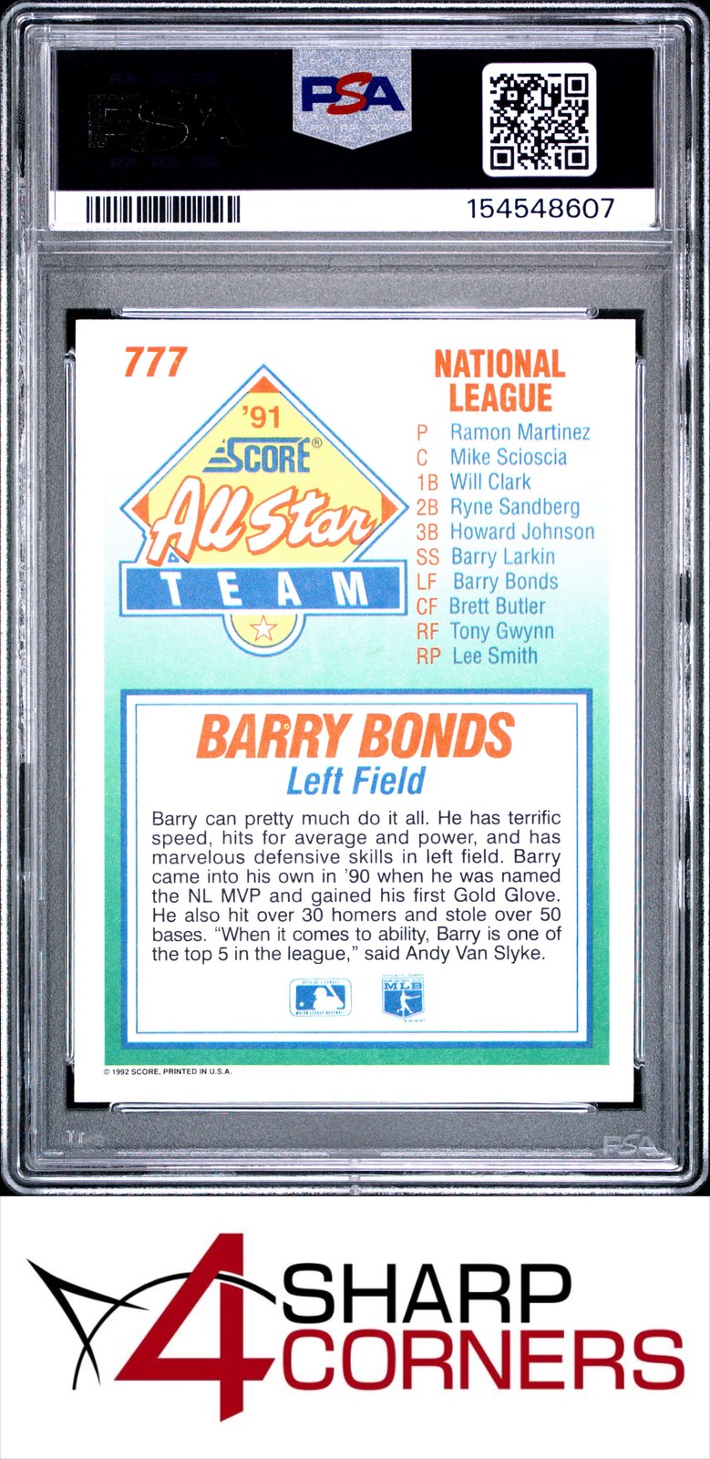 1992 SCORE #777 BARRY BONDS PIRATES PSA 10 view 2