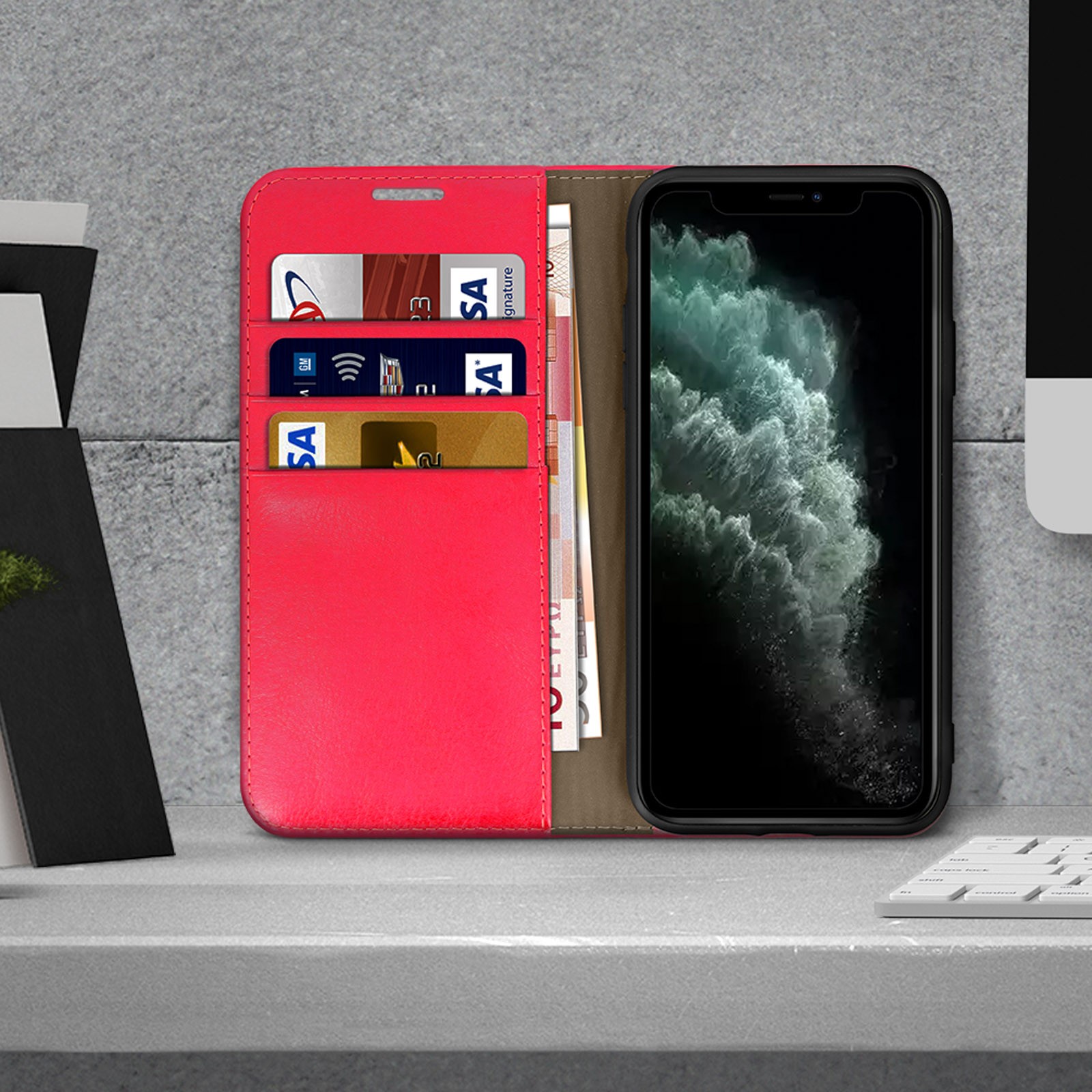 Housse cuir véritable iPhone 11 Pro Max rouge avec support béquille