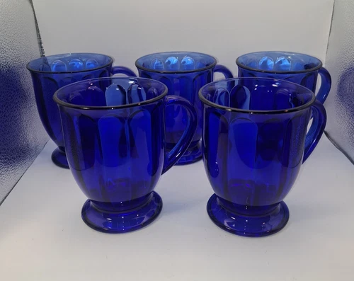 Anchor Hocking Cobalt Blue Paneled Pedestal Mugs-Set of 5