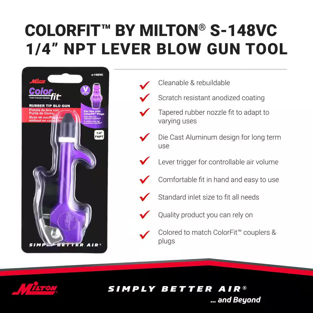 Milton® COLORFIT® Lever Blow Gun Tool, 1/4" NPT, Rubber Tip Nozzle, Purple