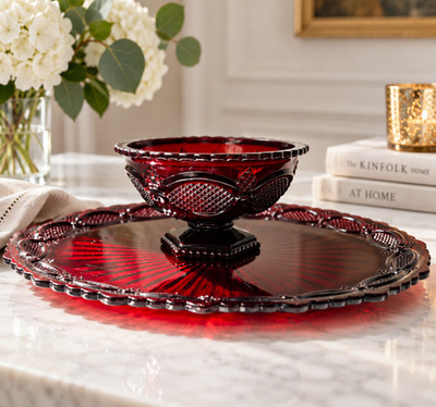 Vintage Avon 1876 Cape Cod Ruby Red Glass Pedestal Bowl & Serving Platter Set